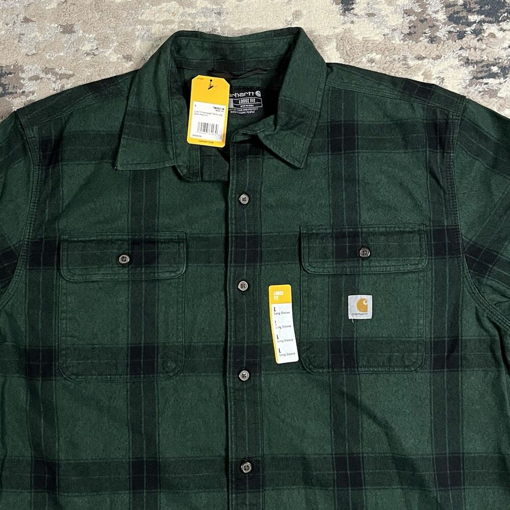 Carhartt Flannel Shirt Loose Fit Heavyweight Mens Sz L Green Plaid TW4451-M - Picture 3 of 10